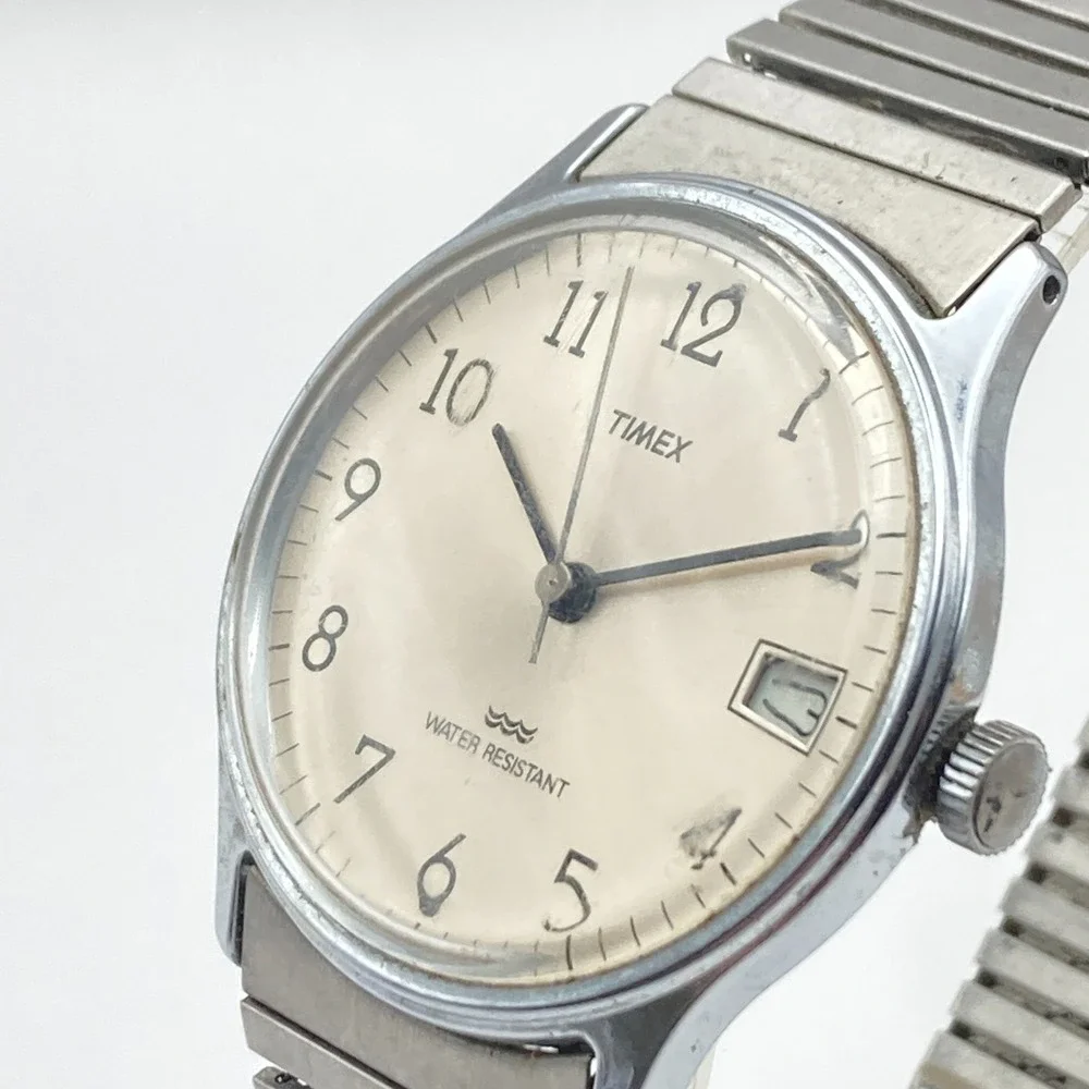 Vtg Timex Marlin Men's Watch 34mm Silver Tone Date Stretch Band Manual Wind 1989